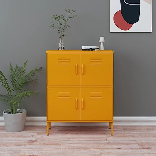 XHNIFBN Senfgelber Stahl Lagerschrank 80x35x101,5 cm mit 2 höhenverstellbaren Regalböden, 4 Türen, Wandbefestigung, Robuster Aufbewahrungsschrank für Keller, Büro, Flur