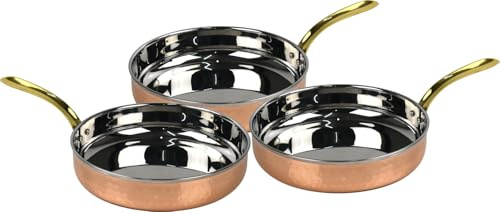 Catergold Frying Pan Copper & Stainless Steel Traditional Hammered Fry Pan Set 3 Piece with Brass Handle (3X 18.5cm)