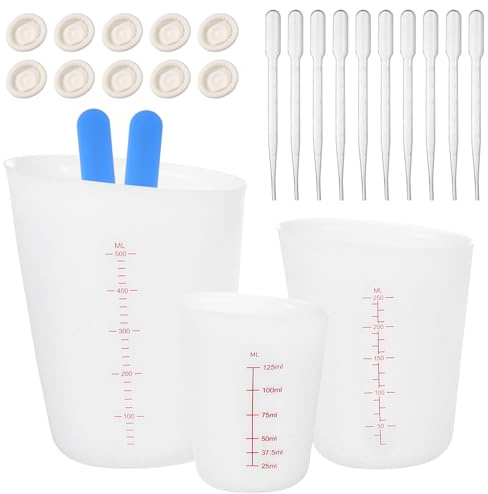 3 Pcs Vasos de Silicona para Resina Epoxi,125ml 250ml 500ml Tazas Medidoras de Siliconas,Vaso Medidor de Siliconas,Taza Medidora para resina epoxi+2 varillas mezcladoras,10 pajitas 3 ml,10 dedales