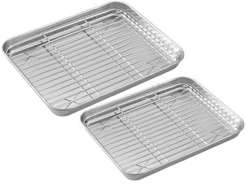 INOOMP Juego de 2 Bandejas para Hornear con Rejilla de Acero Inoxidable 430 y 210, Tamaños 23.5x17.5x2.5 Cm y 26.5x20.5x2.5 Cm, Bandeja para Horno con Rejilla para Enfriar Pan,