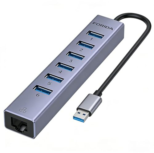 8-port USB-hub 3.0 med Ethernet LAN RJ45, 5 Gbps multiport adapter splitter med 5 V 3 A typ C-port, aluminium USB-distributör för PC, bärbar dator, MacBook, U-disk, mus (grå)
