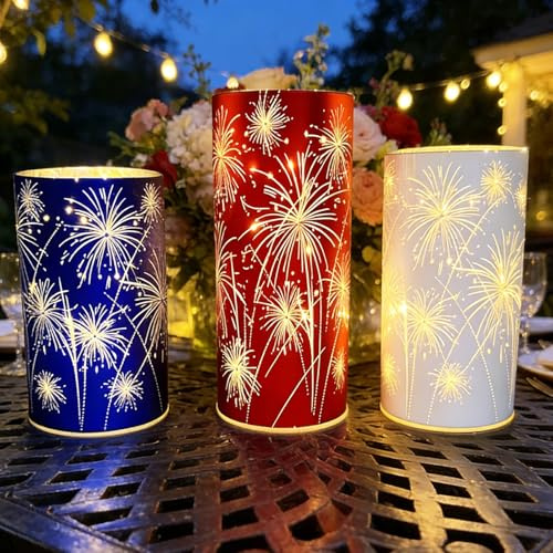 Celebration Hurricane Candle Holders Firework Lights, Wedding Centerpieces Etched, Glass Firework Starburst Lights with Warm White Twinkling LED Light, Applicable to Centerpieces for Tables (Mix)