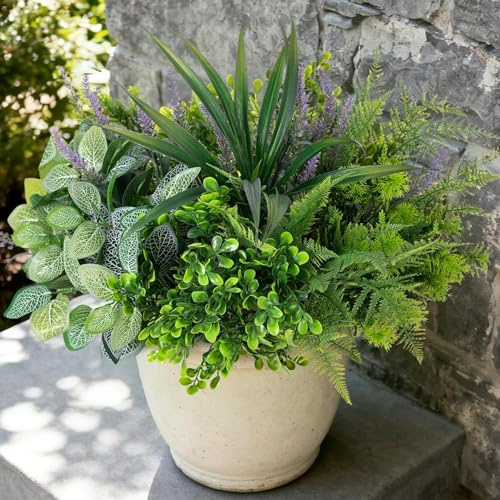 KUOL-KIDS 12 Bouquets Faux Plants UV Resistant Realistic Artificial Decoration Eucalyptus Fern Lavender Greenery for Patio Garden Front Porch Decor Weatherproof Fake Plants for Outside