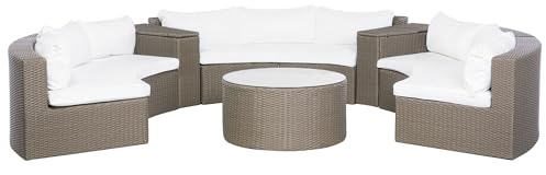 9-Sitzer Lounge Set Rattan braun rund mit Auflagen weiß Couchtisch Severo