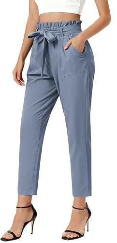 GRACE KARIN Womens Paper Bag Pants Slim Fit High Waist Trousers with Bow Tie Blue Gray M