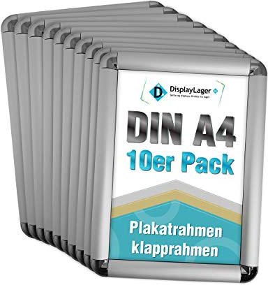 DisplayLager, Dänische Qualität - 10'er Sparpack Silber DIN A4 Rondo Klapprahmen mit 25mm Aluminium Profil, Entspiegelter Schutzscheibe, Befestigungsmaterial