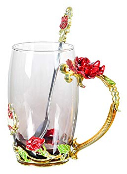 Tasse en verre émaillée C & Z Fleur de papillon Tasse à thé à boire sans plomb Tasses à café avec cuillère en acier Ensemble pour les femmes Anniversaire Saint Valentin Cadeaux de mariage Roug