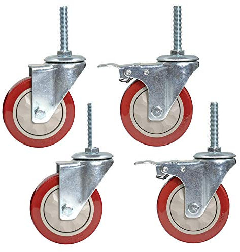 MFLASMF Lot de 4 roulettes pivotantes robustes en PVC pour chariot et meubles - Tige filetée M12 x 60 mm - Double roulement - Avec écrou - Frein + universel 75 mm