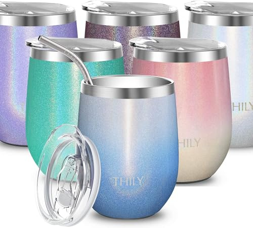 THILY Bicchiere da vino in acciaio inox isolato senza stelo tazza da caffè da viaggio con coperchio scorrevole e cannuccia riutilizzabile, bevande, cielo blu glitterato