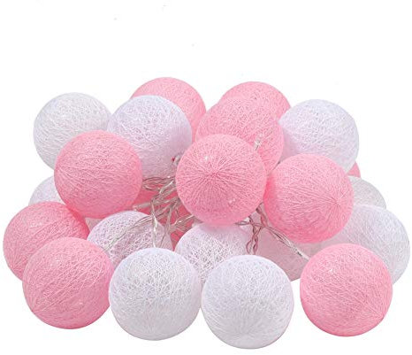 XhuangTech 30 LEDs Cotton Ball String Lights Fairy Light Battery Powered String Lights for Patio Lawn Garden Party Decoration (Pink & White, 30 Lights,4.8m)