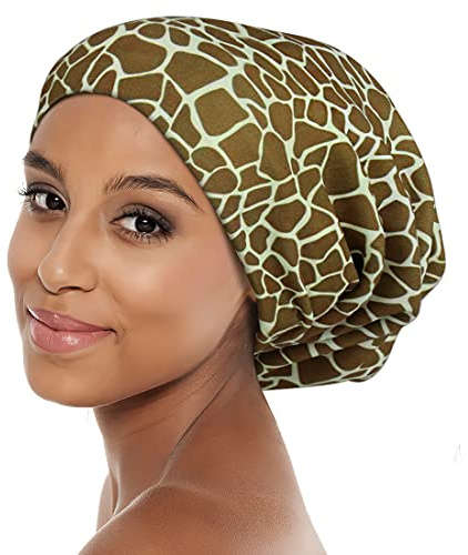 Sleep Cap Satin Bonnet Extra Large African Print Hair Wrap for Curly Hair, Locs Black Women, Giraffe Brown, One Size