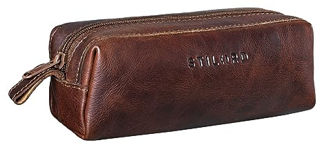 STILORD Linus Etui Leder Vintage Herren Damen Stifteetui Lederetui Federmappe quadratisch Stiftetasche echtes Rindsleder Farbe:Sattel - braun