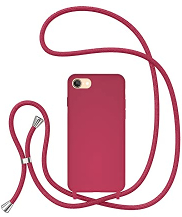 UEEBAI Cordon de Coque pour iPhone SE 2022 5G/iPhone 7/iPhone 8/iPhone SE 2020, Étui en Silicone avec Charge sans Fil, Réglable Lanyard Case Bandoulière Détachable pour iPhone SE3/SE2 - Rose Rouge