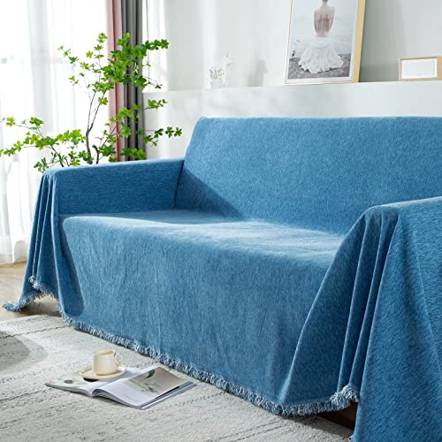 SHANNA Sofa überwurfdecke für 2-/3-/4-Sitzer, sofaüberwurf Decke Couch überwurf Baumwolle Waschbar Anti-rutsch Schmutzabweisend Kissen couchdecke überwurf Nahtlos mit Quasten(180 x 300 cm, blau)