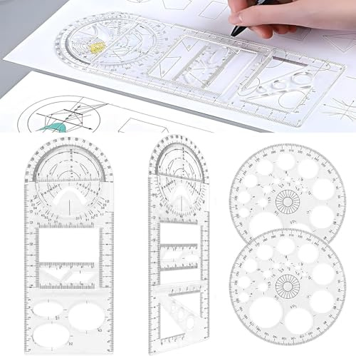 Norhogo 4 Stück Multifunktionales Geometrisches Lineal Set, 2 Dreikantmaßstab, 2 Kreisschablone 360 Grad, Geometrische Zeichnungsschablone Messwerkzeug Lineal