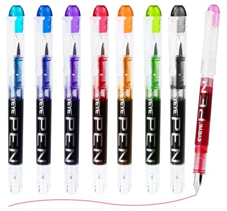 EYEYE Lot de 8 Stylos Plume Jetables - Pointe Fine (F) - Corps Transparent - 8 Couleurs Assorties - Encre Liquide Visible pour Calligraphie, Journaling et Fournitures de Bureau