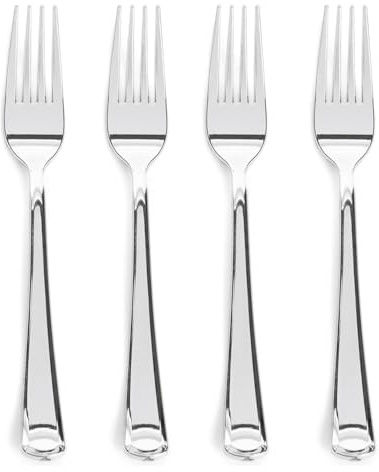 Prestee 100-Pack Heavy Duty Plastic Forks - 7-Inch Elegant Silver Plastic Forks Disposable Set - Fancy, Disposable Silverware Utensils for Parties, Holidays, Weddings, and Events - Durable Cutlery Set