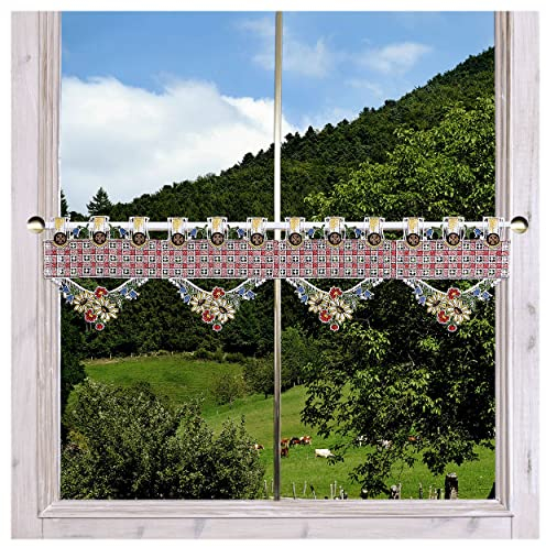 Feenhaus-Scheibengardine Küchengardine Johanna rot Echte Vogtländische Spitze | Mini-Feenhausgardine mit freundlichem Karo-Muster, Blüten und stilisierten Knöpfen Höhe x Breite 18 x 55 cm