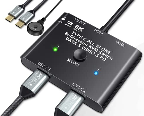 MLEEDA Switch USB C Bidirezionale per 2 Computer, KVM Tipo C, 8K 60 Hz/4K 120 Hz, Trasferimento Dati 10 Gbps, Ricarica 100 W, 2 Cavi Inclusi