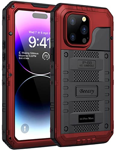 Beeasy für iPhone 14 PRO MAX Wasserdicht Outdoor Hülle (6,7), Stoßfest Panzerhülle Militär 360 Grad Schutzhülle mit Displayschutz, Robust Metall Heavy Duty Handyhülle iPhone 14 Pro Max Case, Rot