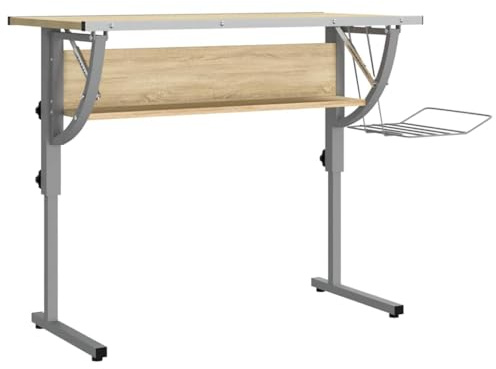 vidaXL Basteltisch, Tisch für Arbeitszimmer Heimbüro, Schreibtisch mit Verstellbarer Tischplatte 1 Ablage 1 Zeitschriftenhalter, Arbeitstisch Zeichentisch, Sonoma Eiche Grau Holzwerkstoff Stahl