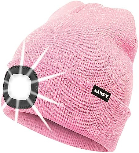 ATNKE LED Beleuchtete Mütze,Wiederaufladbare USB Laufmütze mit Licht Extrem Heller 4 LED Lampe Winter Warme Stirnlampe für Herren und Damen Geschenke