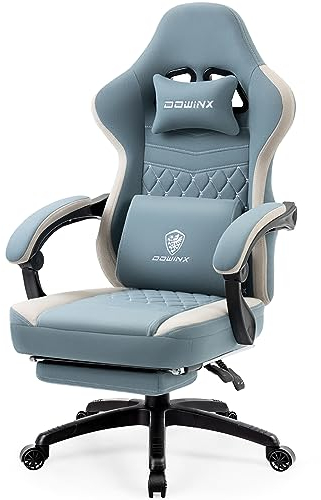 Dowinx Gaming Stuhl Stoff mit Taschenfederkissen, Massage Gaming Sessel mit Fußstütze, Ergonomischer PC Stuhl Gamer Stuhl Bürostuhl 150 kg, Blau