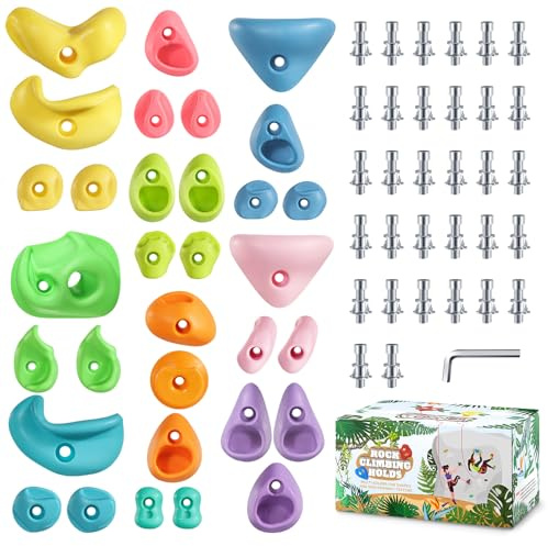 TOPNEW 32 Rock Climbing Holds Multi Size for Kids, Adult Rock Wall Holds Climbing Rock Wall Grips for Indoor and Outdoor Playground Play Set