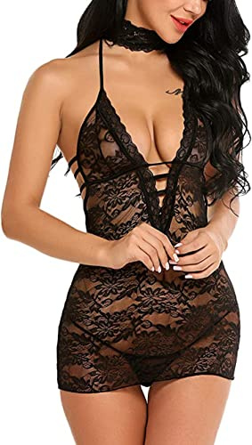 Satohom Lingerie Donna Sexy Intima Pizzo Halter Babydoll Un Pezzi Trasparente Camicia da Notte in Pizzo Biancheria Pigiama, Vestaglia Lace Intima da Notte per La Notte di Nozze Vacanze