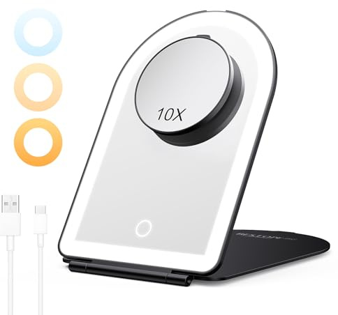 BESTOPE PRO Kosmetikspiegel mit Beleuchtung, LED Tragbarer Schminkspiegel 10-Fach Vergrößerung, 3 Dimmbare Farblichter, Wiederaufladbar Ultraschlanker Tischspiegel für Zuhause und Rasier, Schwarz