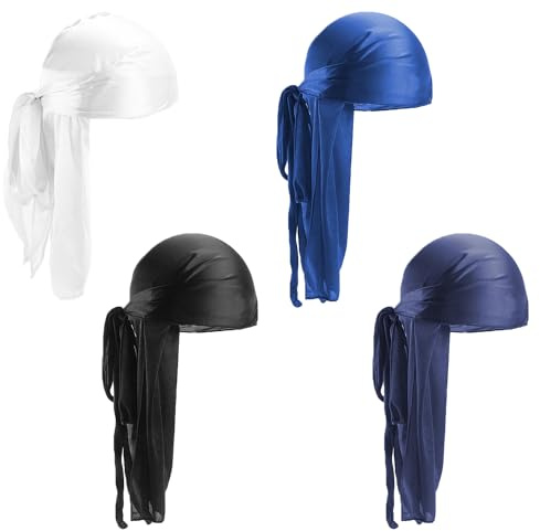 4 Piezas de Sombreros de Seda: Turbante de Cola Larga, Gorro Ondulado, Sombrero Durag Ajustable, Turbante Pirata, Diadema Elástica para Hombre (4 Colores)