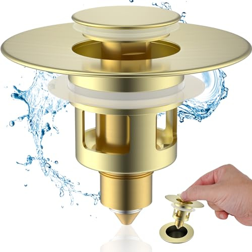 Hibbent handfatsplugg lämplig för 25 mm till 46 mm, pop-up-handfatsplugg med dräneringssil, mässingshylsa kärna trycktyp dräneringsplugg, universell diskbänkstoppare ersättning för badrum, borstat