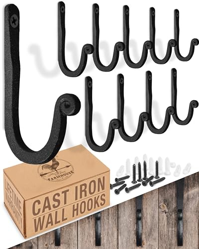 Larger Railroad Spike Cast Iron Hooks (10 Pack) Handmade Blacksmith, Wall Mounted, Farmhouse Decor Cast Iron Wall Hooks, Vintage Hooks for Hanging (Black)