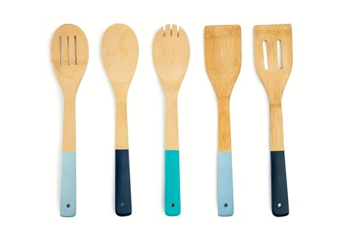 Core Bamboo Küchenhelfer-Set aus Bambus, 5-teilig, inkl. Löffel, Schlitzlöffel, Göffel, Pfannenwender und Pfannenwender – Iceberg, Key West, Mitternachtsblau