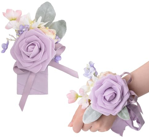 URROMA Handgelenk-Ansteckblume und Boutonniere Set, 1 Set Hellviolette Handblumenset Kunstblumenarmband für Abschlussball Party Hochzeit Dekoration