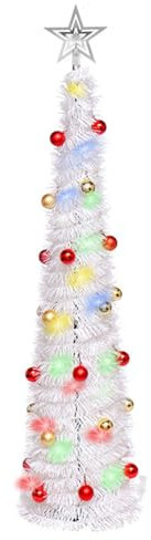 Arbol de Navidad plegable artificial de 1,5 m, árbol desplegable con 30 bolas y estrella superior plateada para reuniones familiares, navidad para interiores y exteriores