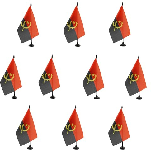 AZ FLAG - Set med 10 Angola bordsflagga 21 x 14 cm - 10 små Angolesiska kontorsflaggor 100 % polyester med 25 cm skaft och svart plastbas
