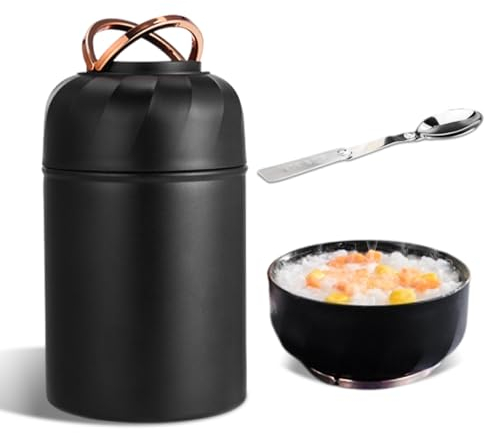 CQCLUZQI Contenitore Termico per Alimenti, 500ml contenitori sottovuoto per alimenti con Cucchiaio, Porta Yogurt Termico Porta Pranzo Termico per Zuppa, Porridge, Riso, Nero