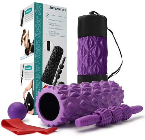 JOYENERGY 5 in 1 Foam Roller Set Trigger Point Foam Roller, Massage Roller Stick, Massage Ball, Stretching Strap for Deep Muscle Massage Pilates Yoga, Fitness Exercise for Whole Body (Purple Diamond)