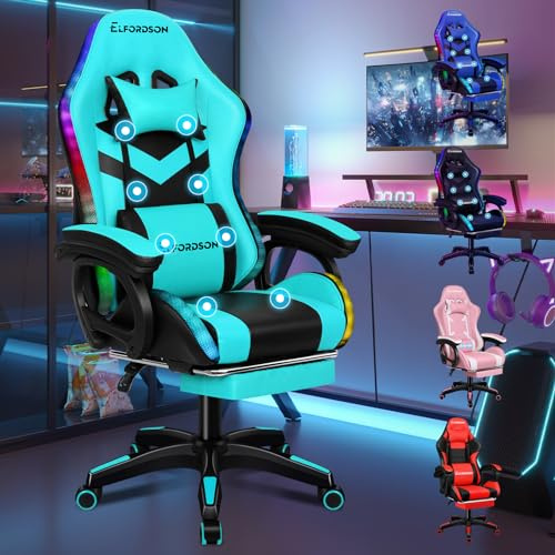 ELFORDSON LED Gaming Chair with 8-Point Massage, Swivel Office Chairs with Head Pillow Lumbar Support, Ergonomic Desk Chair with Armrests Footrest for Heavy Duty, PU Leather, Cyan