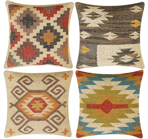 INDACORIFY, Juego de 4 Uds. De Funda de cojín Kilim de Yute de Lana, Funda de Almohada turca Tejida a Mano Vintage, Funda Decorativa para decoración del hogar (Estilo- 05)