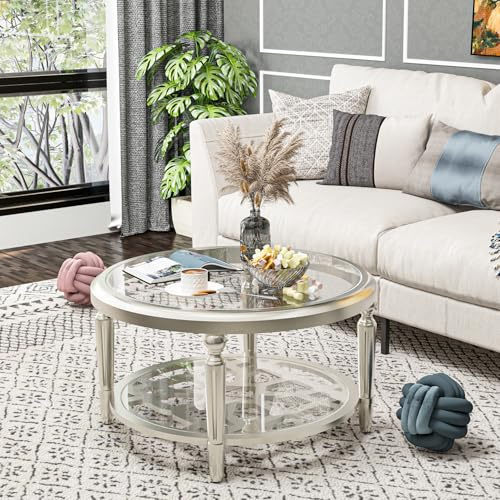 HOMPUS Glass Coffee Table, 32'' Round Coffee Table with Storage Shelf, Modern Unique Coffee Table with Double-Tempered Glass, Living Room End Table for Bedroom, Meeting Room, Fully Assembled