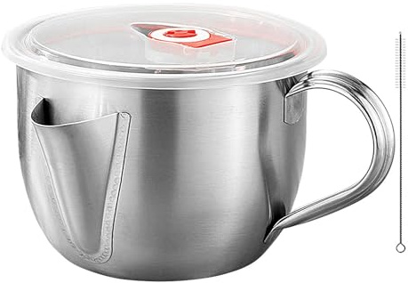 Fat Separator Jug, 1L Grease Separator Jug, Stainless Steel Soup Oil Separator, Portable Oil Fat Separator with Handle for Home Kitchen, Gravy Oil Soup Fat Separator Strainer Bowl with Lid and Brush