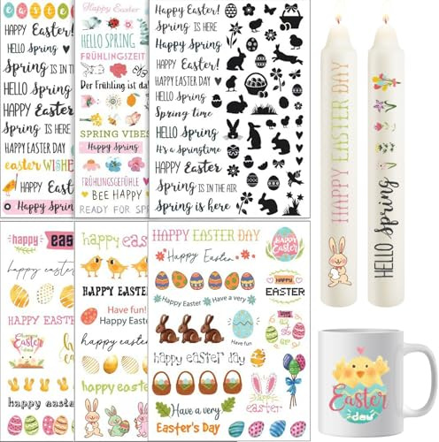 6er Set Kerzentattoos Ostern, Wassertransferdruck für Kerzen, Wasserschiebefolie Aufkleber zur Kerzendekoration, Perfekt für Gedenklichter, Geburtstagskerzen & Ostern