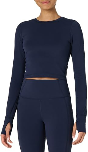Amazon Essentials Women's Active FormFlex Buttery Soft Long Sleeve Slim Fit Crop Layering Workout Top, Navy, M