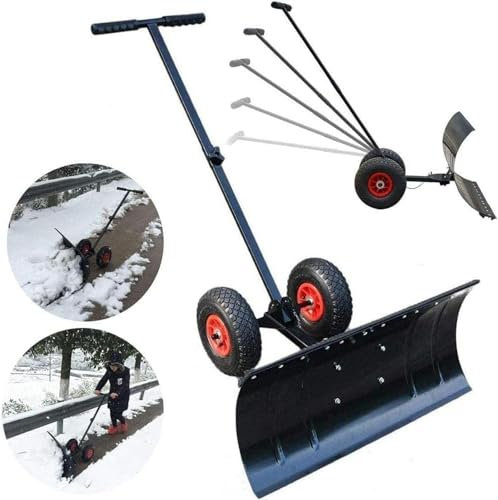 Snöplog Snöborttagningsskyffel,Effektiv snöskyffel med hjul Metall snöskyffelpåskjutare med flervinklar stor bladplog justerbar
