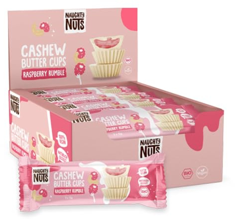 Naughty Nuts Bio Barritas de Mantequilla de Anacardos con Frambuesas y Chocolate - Veganas, sin Aceite de Palma y con un 53% Menos de Azúcares Refinados - 12 x 39 g