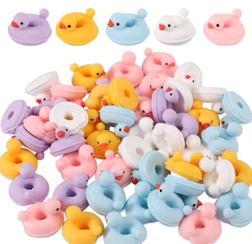 Lyreh 50stk Mini Harz Enten, 2x2cm Mini-Enten-Schwimmring den Sommer Kleines Süßes Miniatur-Spielzeug Kunstharz Zubehör für Landschaftsornamente Partygeschenke DIY-Dekoration (5 Farben)