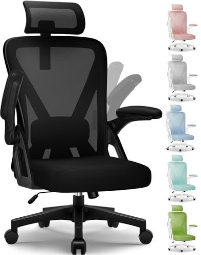 Daccormax Bürostuhl, Bürostuhl ergonomisch Schreibtischstuhl mit Hochklappbare Armlehnen, Lendenstütze aus Naturschwamm, Chefsessel Wippfunktion 150kg