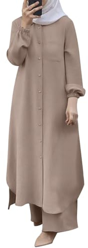 Muslim Kleid für Damen Arabischer Stil Zweiteiliges Set Langarm-Hemd Weite Bein-Hose Bescheidenes Outfit Dubai Robe Kaftan Lockere Passform, khaki, XL